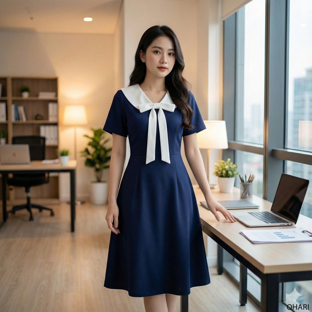 Đầm thiết kế cổ nơ dáng A, Đầm suông cổ nơ dành cho nữ, Đầm thiết kế đi làm đi chơi đều đẹp OHA02