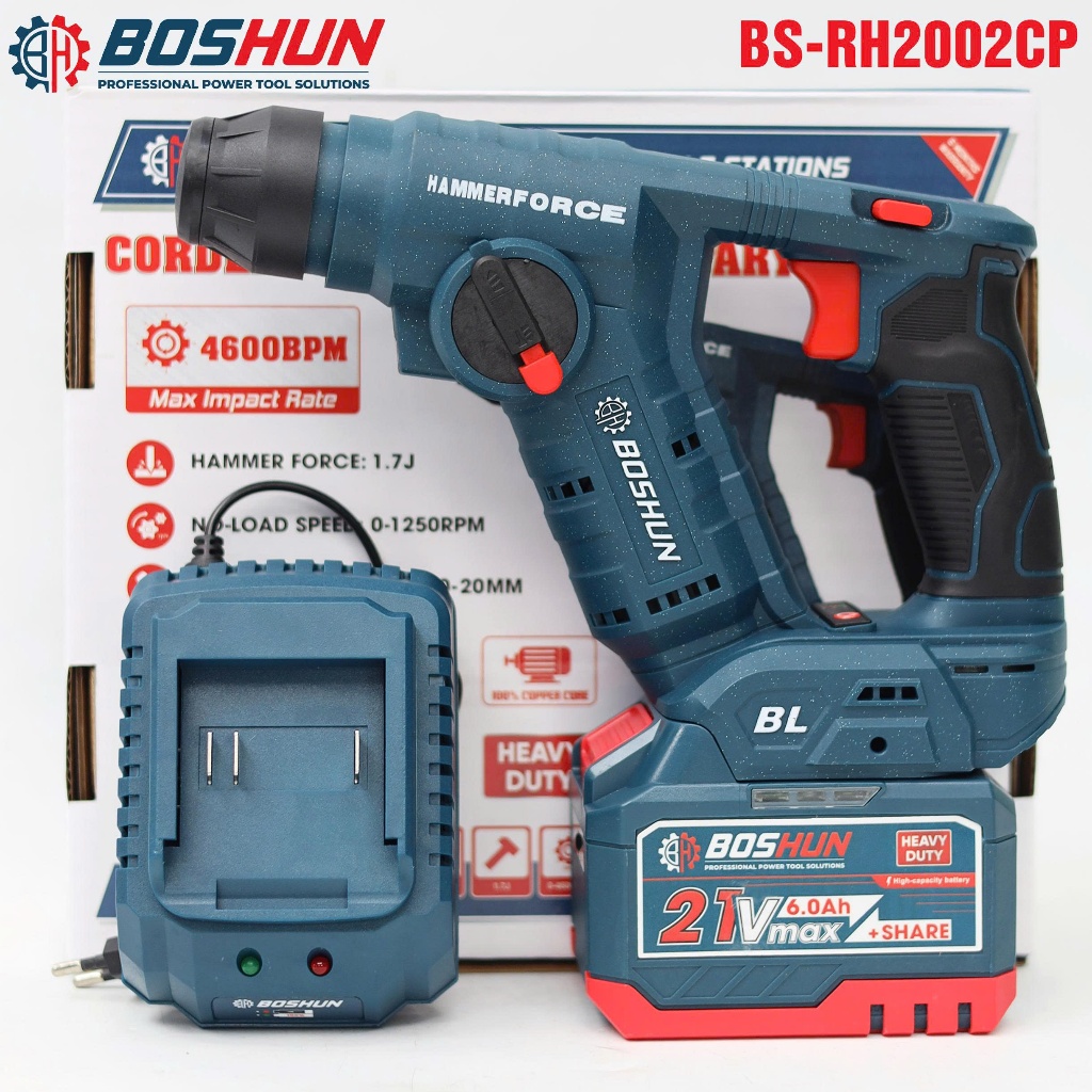 [NHỎ GỌN- KÈM MŨI] Máy Khoan Bê Tông Mini BS-RH2002CP BOSHUN,1,7J Khoan Thường, Búa Tặng Thước Dây