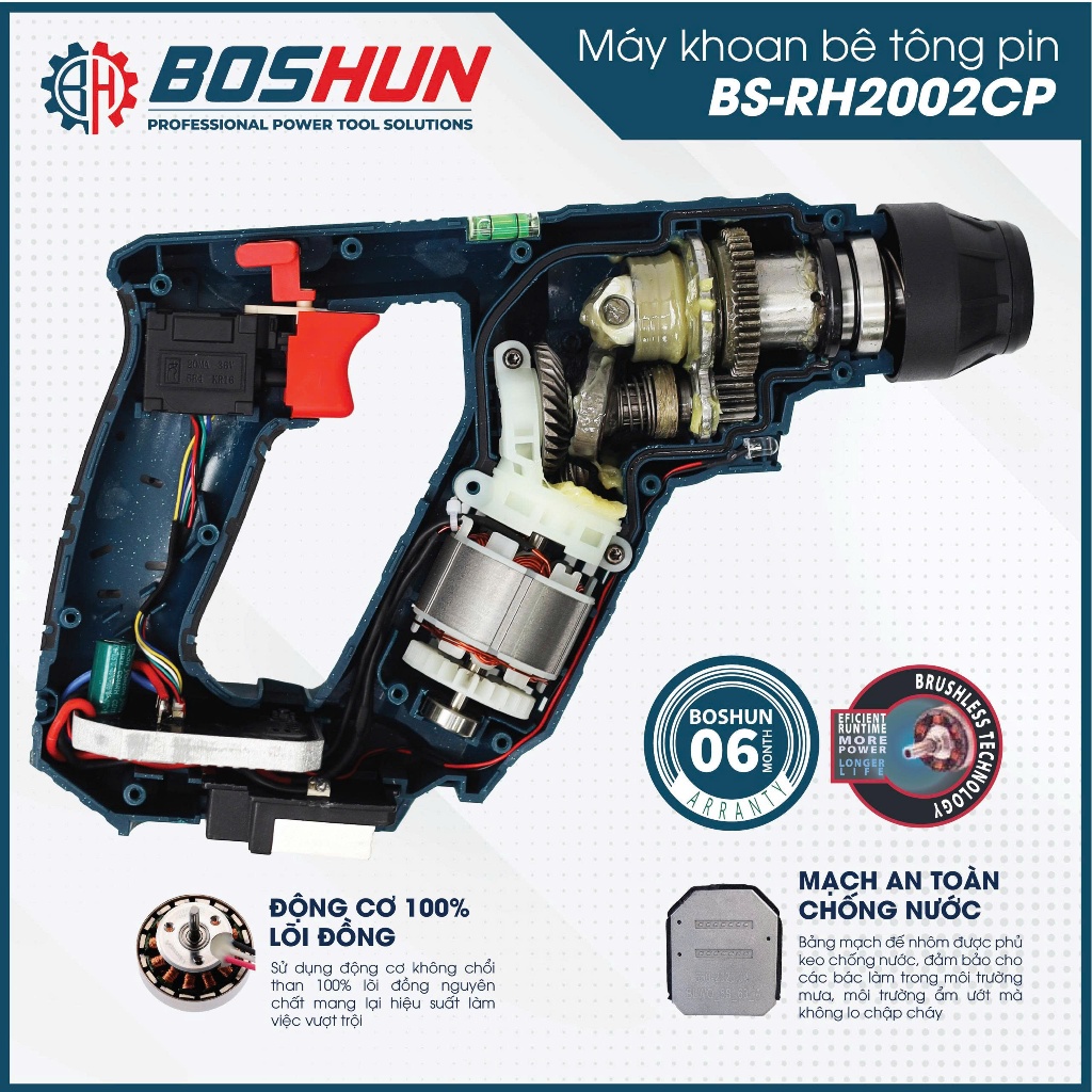 [NHỎ GỌN- KÈM MŨI] Máy Khoan Bê Tông Mini BS-RH2002CP BOSHUN,1,7J Khoan Thường, Búa Tặng Thước Dây