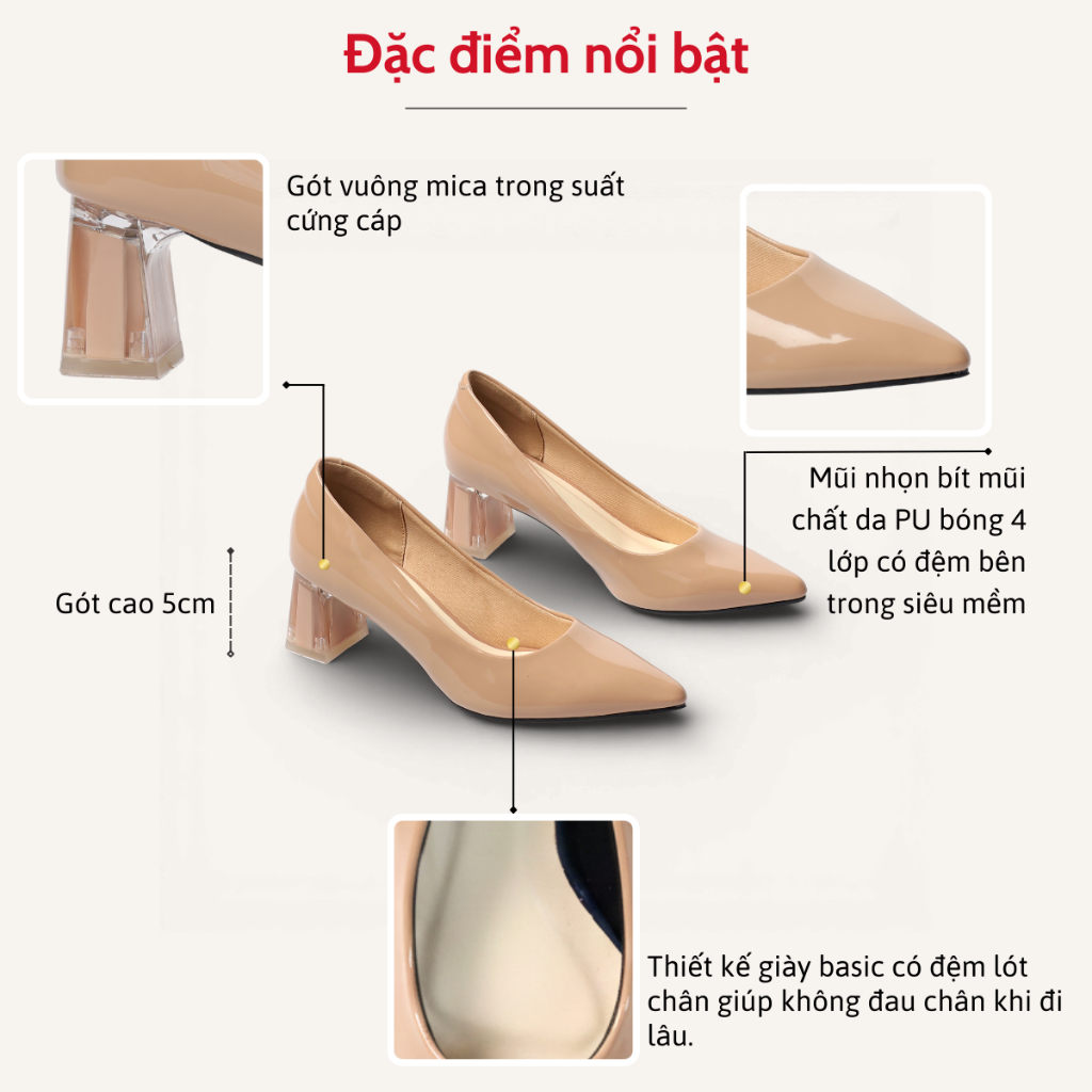 Giày Cao Gót 5cm Da Bóng Mũi Nhọn Đế Vuông Phối Mica Pixie P006