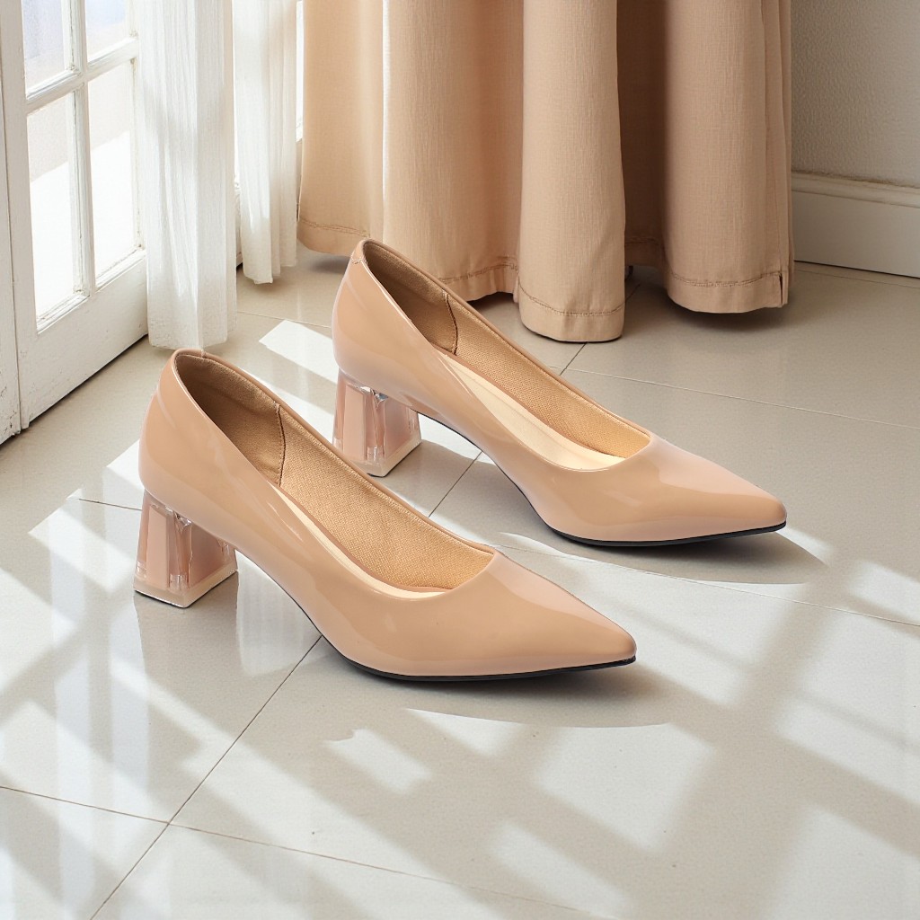 Giày Cao Gót 5cm Da Bóng Mũi Nhọn Đế Vuông Phối Mica Pixie P006