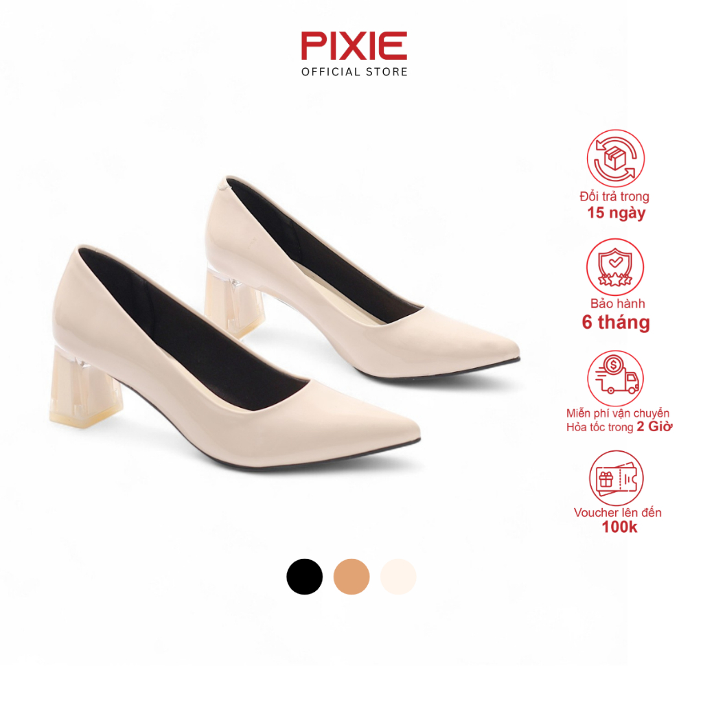 Giày Cao Gót 5cm Da Bóng Mũi Nhọn Đế Vuông Phối Mica Pixie P006