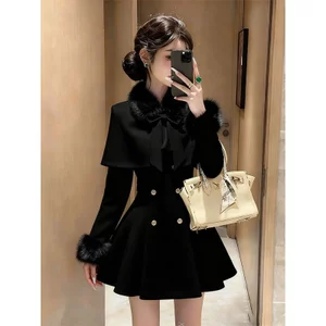 Áo khoác choàng cổ lông đen phong cách tweed dành cho nữ, kiểu thu mới 2025,sang trọng có kèm váy