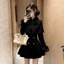 Áo khoác choàng cổ lông đen phong cách tweed dành cho nữ, kiểu thu mới 2025,sang trọng có kèm váy