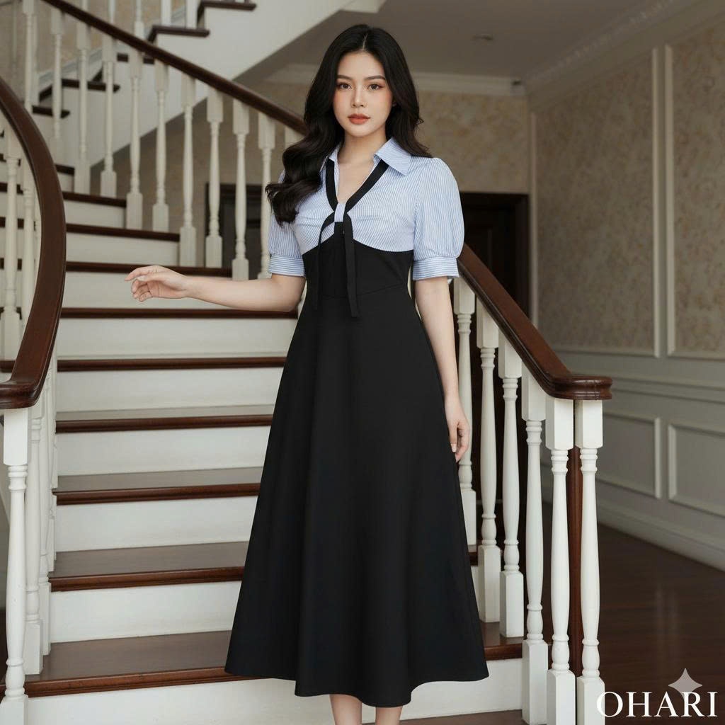 OHARI Váy tay phồng kẻ sọc phối nơ tiểu thư, váy cổ sơ mi phối sọc đi làm đi chơi đều xinh.