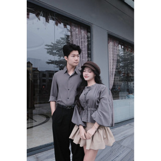 (S - 80)[GIÁ MỞ BÁN] Set đồ đôi nam nữ couple áo sơmi nữ xếp li cúc dọc viền bèo chun tay bồng và áo sơmi namm
