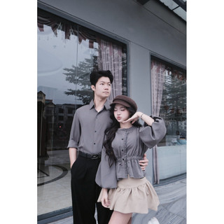 (S - 80)[GIÁ MỞ BÁN] Set đồ đôi nam nữ couple áo sơmi nữ xếp li cúc dọc viền bèo chun tay bồng và áo sơmi namm