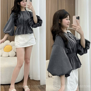 (S - 80)[GIÁ MỞ BÁN] Set đồ đôi nam nữ couple áo sơmi nữ xếp li cúc dọc viền bèo chun tay bồng và áo sơmi namm
