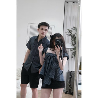 ( S - 81 ) [ GIÁ 2 Áo Nam vs nữ] Set đồ đôi nam nữ couple áo ống nữ kèm nơ và áo sơmi nam sọc tay ngắn