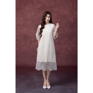 SWANLAKE | Váy Đầm Nữ Midi Suông Vải Phối Ren Thêu Hoa 2 Lớp Cổ Tròn Tay Bí Lỡ Dạo Phố D13351