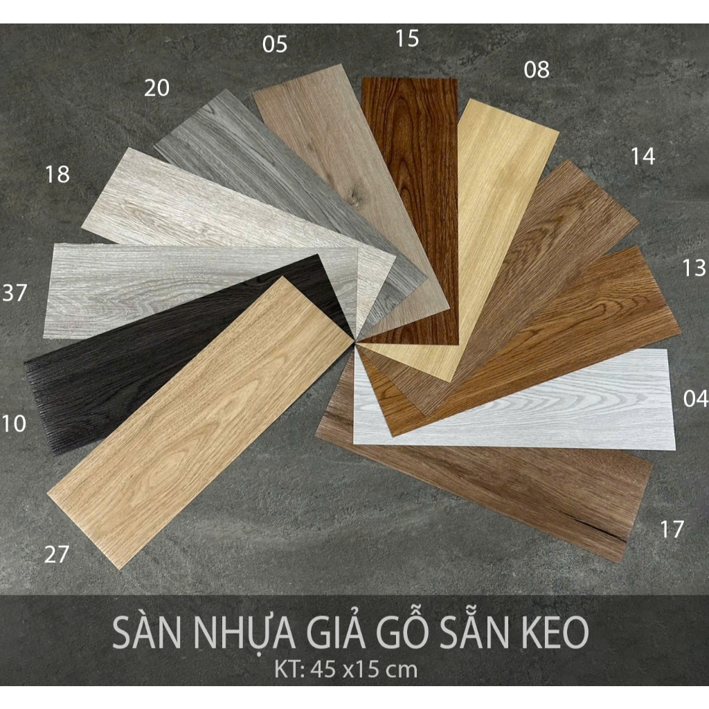 1 Tấm.  Sàn nhựa giả gỗ, Sàn nhựa giả gỗ có keo sẵn bóc dán . Kích thước: Dài 45cm x Rộng 15cm