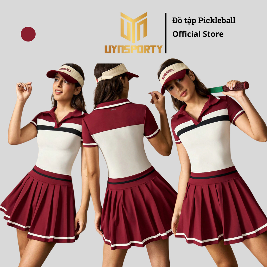 [Tặng Mút] Váy Pickleball Nữ UYNSPORTY Phối Màu Trắng Đỏ Xếp Ly Chất Vải Dày Dặn Bộ Đồ Pickleball Nữ