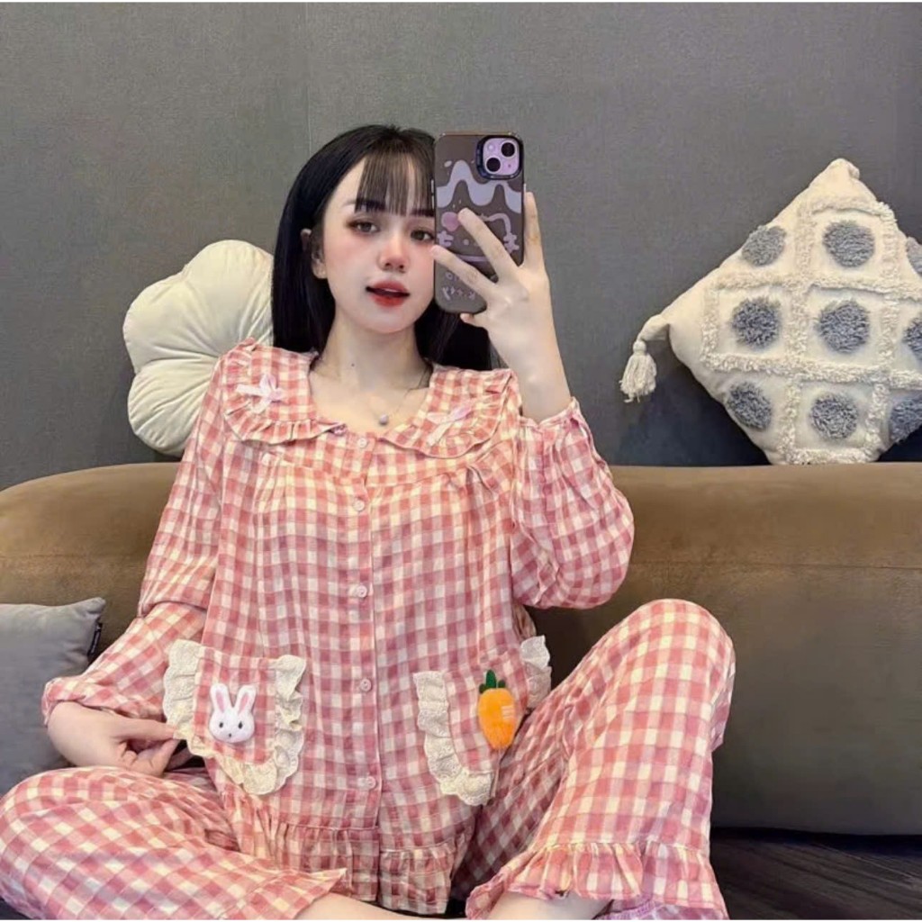Bộ đũi pizama thỏ cà rốt tay dài, quần dài mềm mát A13 mẫu mới