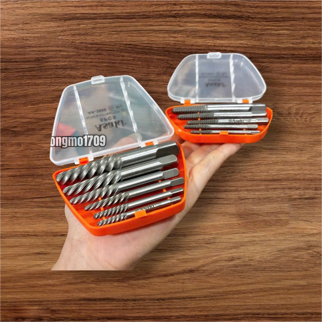 Bộ mũi ren tháo mở bu lông, ốc vít gãy ASAKI model AK-3687 và AK-3688, bộ ta rô lấy ốc gãy