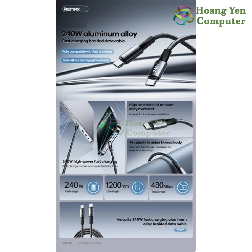 Cáp Sạc Remax CB25 C-C 240W Alloy Aluminum – Sạc Siêu Nhanh, Truyền Dữ Liệu Ổn Định – BH 6 Tháng – Hoangyencomputer