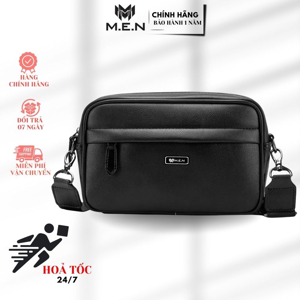 Túi đeo chéo da kiểu ngang unisex M.E.N R7 đen bóng mờ cao cấp {KHUYẾN MÃI}