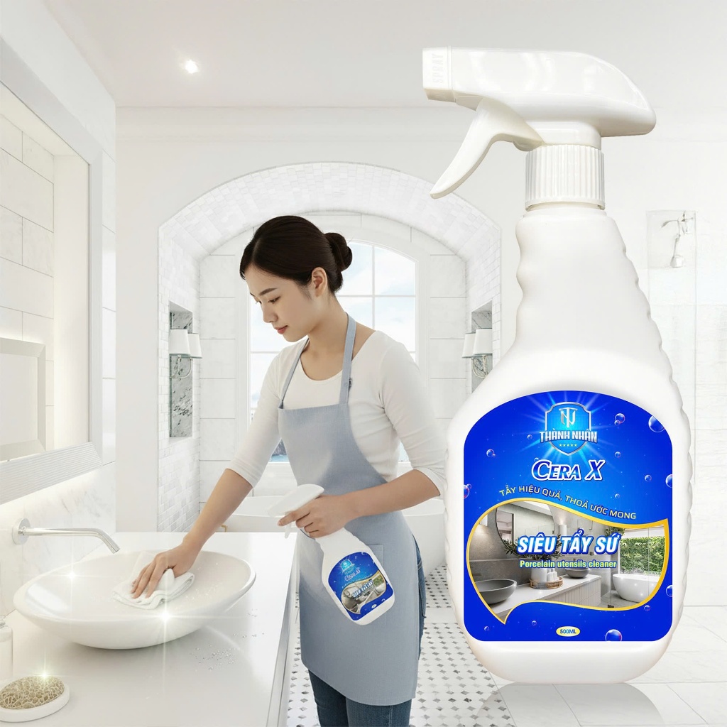 Dung dịch tẩy trắng men sứ, tẩy trắng bồn cầu, inox, tẩy cặn phèn ố vàng gạch, kính phòng tắm - Cera X chai 500ml