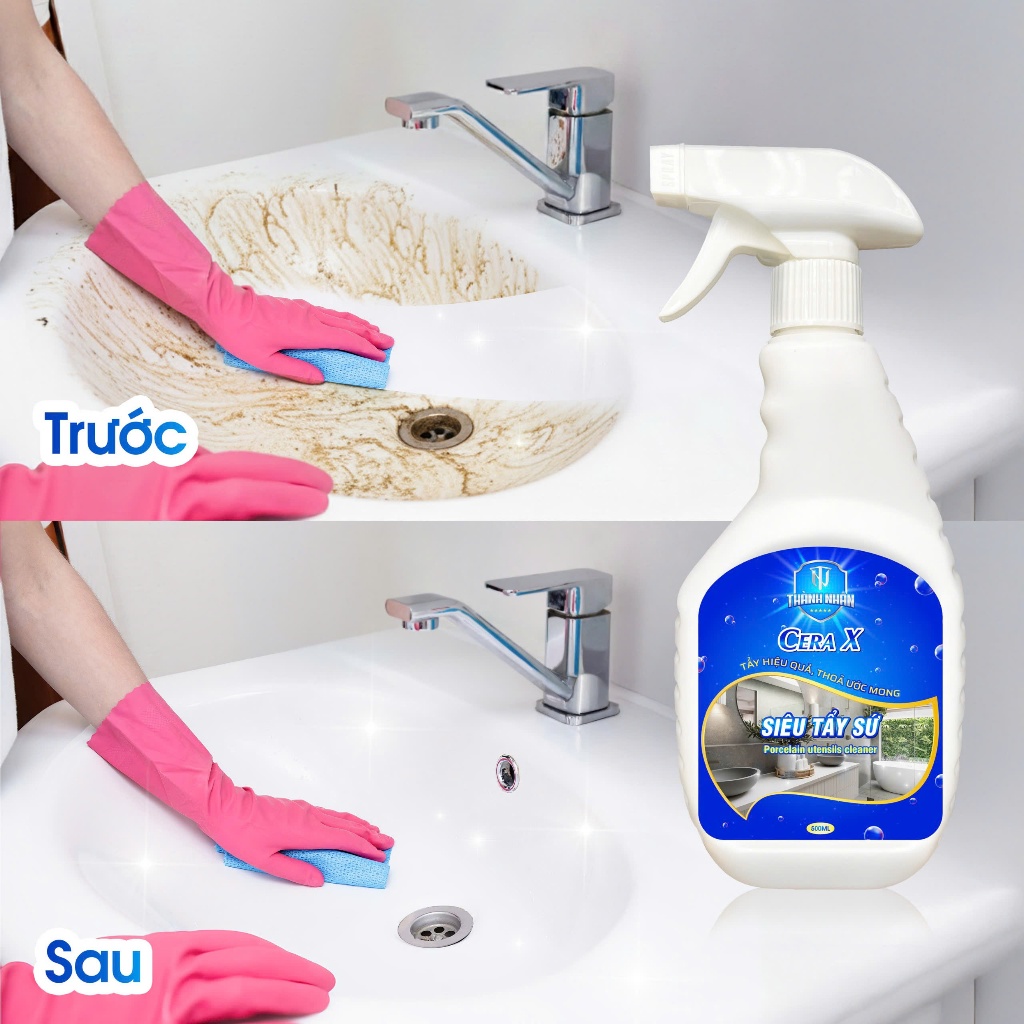 Dung dịch tẩy trắng men sứ, tẩy trắng bồn cầu, inox, tẩy cặn phèn ố vàng gạch, kính phòng tắm - Cera X chai 500ml