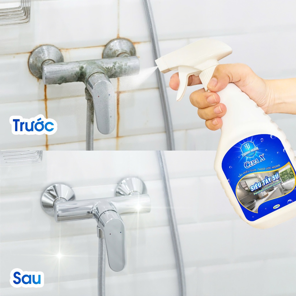 Dung dịch tẩy trắng men sứ, tẩy trắng bồn cầu, inox, tẩy cặn phèn ố vàng gạch, kính phòng tắm - Cera X chai 500ml