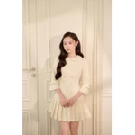 CÉLESTE - LINA DRESS Váy Tiểu Thư Dáng Ngắn Xoè Xếp Li Chất Dạ Ép Cao Cấp Tay Lửng Đính Nơ Thiết Kế Cổ Sen — ảnh 4