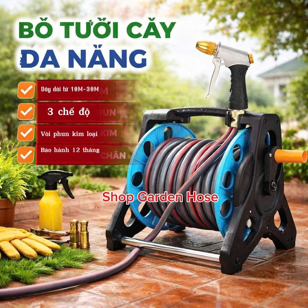 Bộ vòi tưới cây rửa xe rulo cuộn tay 3 chế độ, dây dài 10M, 15M, 20M ...