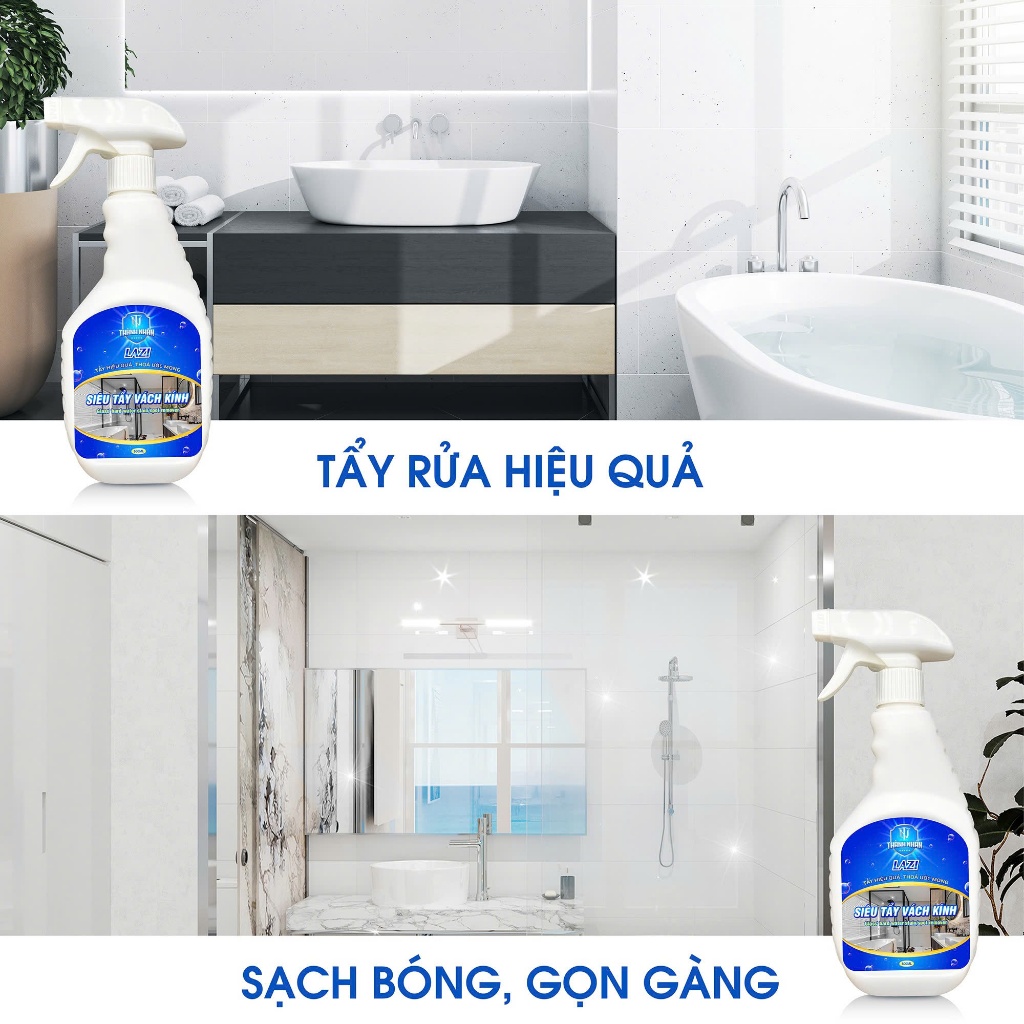 Dung dịch đa năng siêu tẩy cặn canxi, sen vòi inox, vách kính nhà tắm, đồ sứ, chậu rửa, bồn tắm, bồn cầu LAZI - chai 500