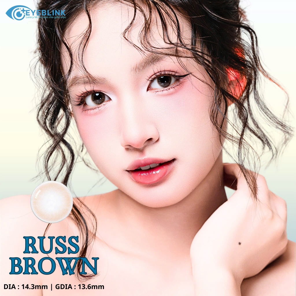 Lens cận y tế màu nâu sữa Russ Brown chất liệu silicone hydrogel 20h Sd hạn dùng 6tháng EyeBlink