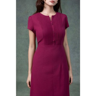 SWANLAKE | Váy Đầm Nữ Midi Cổ Chữ V Cài Nút Xếp Ly Vải Linen Tay Ngắn Thắt Eo Xẻ Tà Công Sở D13288
