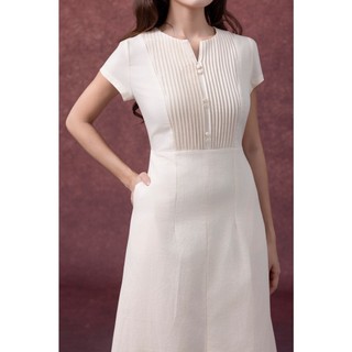 SWANLAKE | Váy Đầm Nữ Midi Cổ Chữ V Cài Nút Xếp Ly Vải Linen Tay Ngắn Thắt Eo Xẻ Tà Công Sở D13288