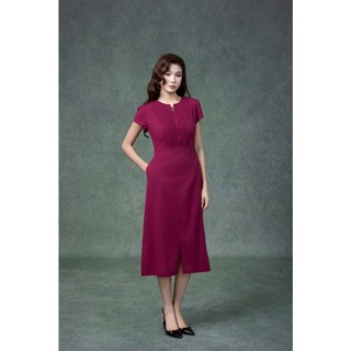 SWANLAKE | Váy Đầm Nữ Midi Cổ Chữ V Cài Nút Xếp Ly Vải Linen Tay Ngắn Thắt Eo Xẻ Tà Công Sở D13288
