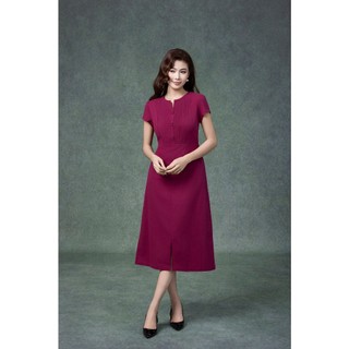 SWANLAKE | Váy Đầm Nữ Midi Cổ Chữ V Cài Nút Xếp Ly Vải Linen Tay Ngắn Thắt Eo Xẻ Tà Công Sở D13288