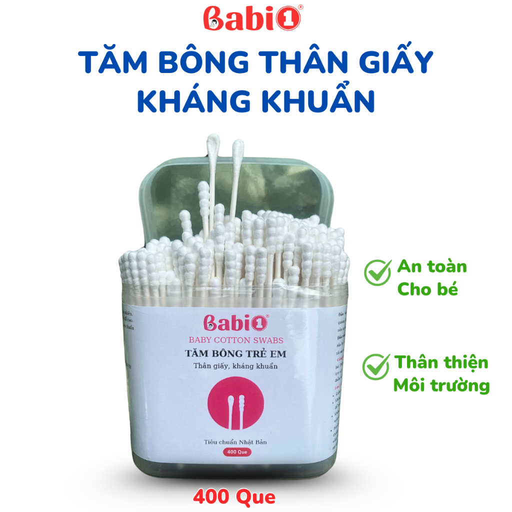 Tăm Bông Babi1 Thân Giấy Kháng Khuẩn Hộp 400 Que Dùng Cho Trẻ Sơ Sinh & Gia Đình