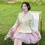 Set váy ngắn, set chất Quảng Châu áo thêu cổ đắp Hanbok phối cột nơ thắt nút tàu kèm váy ngắn Tơ xoè