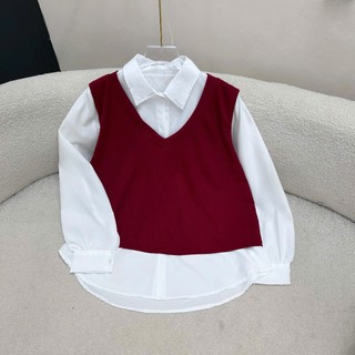 Set đồ bigsize nữ áo sơ mi trắng phối ghi lê chất ruby kèm quần đùi ống rộng lưng thun thời trang mặc sang SET944