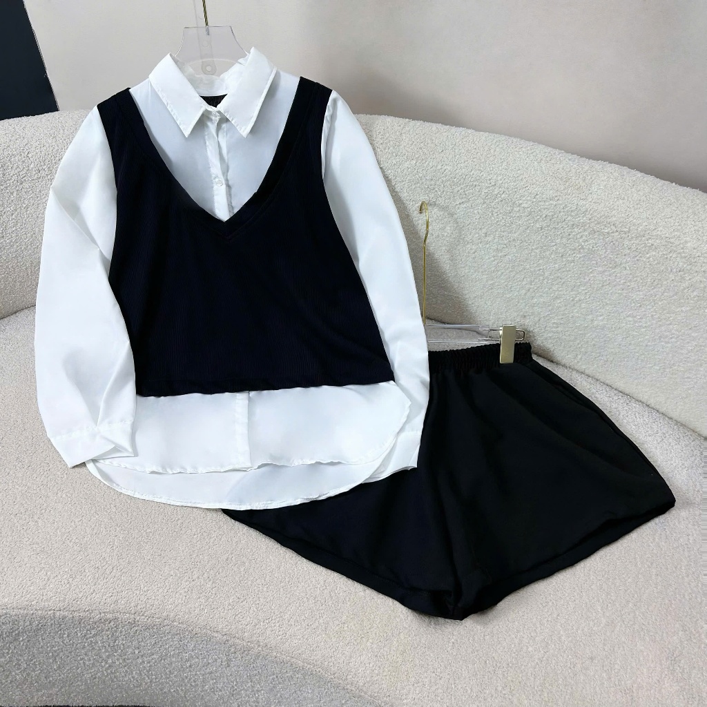 Set Đồ Bigsize Nữ Áo Kiểu Sơ Mi Vải Thun Ruby Phối Quần Đùi Tây Lên Phom Cá Tính SET944
