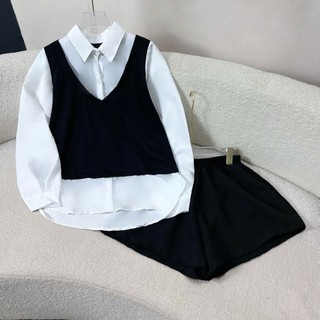 Set đồ bigsize nữ áo sơ mi trắng phối ghi lê chất ruby kèm quần đùi ống rộng lưng thun thời trang mặc sang SET944