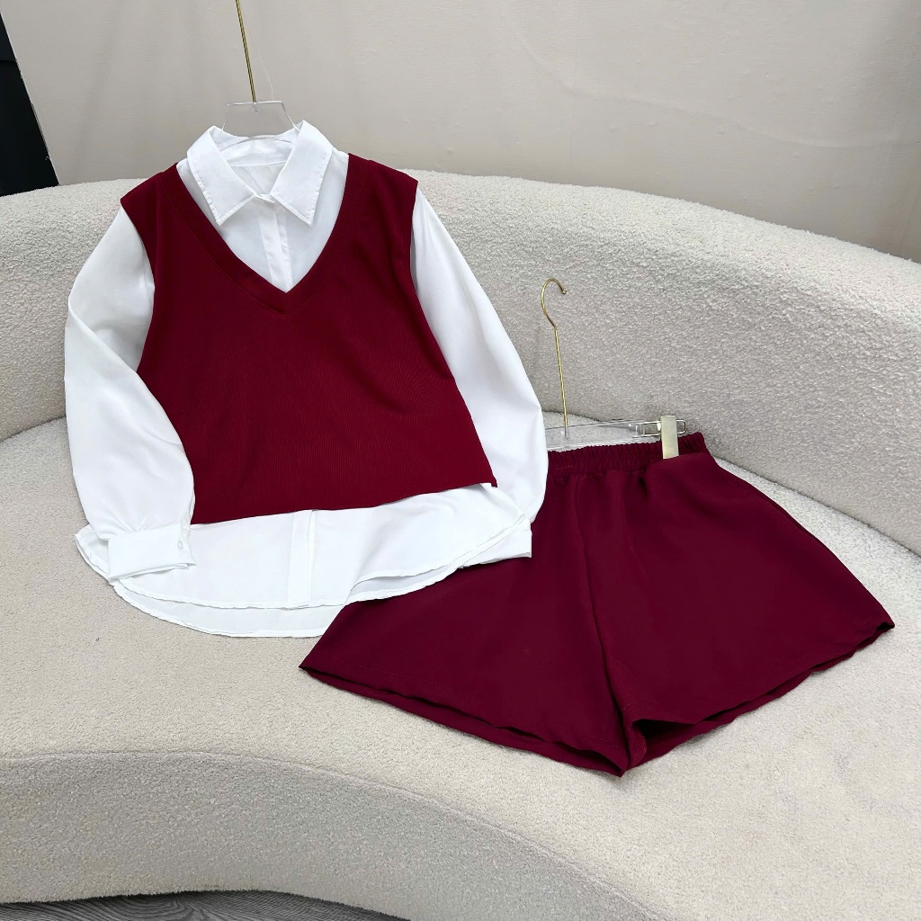 Set Đồ Bigsize Nữ Áo Kiểu Sơ Mi Vải Thun Ruby Phối Quần Đùi Tây Lên Phom Cá Tính SET944