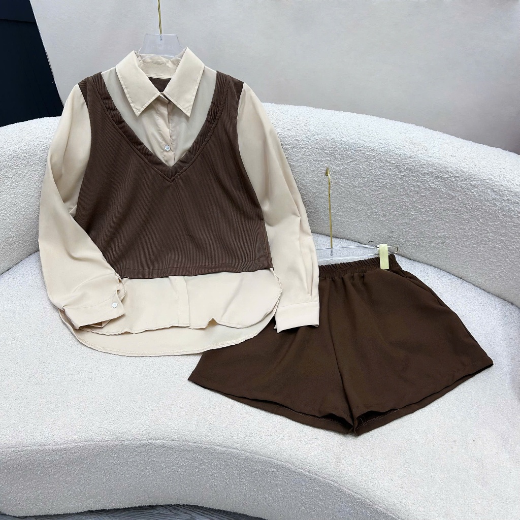 Set Đồ Bigsize Nữ Áo Kiểu Sơ Mi Vải Thun Ruby Phối Quần Đùi Tây Lên Phom Cá Tính SET944