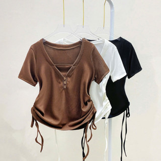 Áo Thun Bigsize Nữ Ôm Body Cổ V Tay Ngắn Có Dây Rút Hai Bên Eo Tôn Dáng Trẻ Trung A309