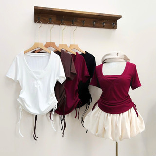 Áo Kiểu Bigsize Nữ Ôm Body Cổ Tim Tay Ngắn Phối Dây Rút Hai Bên Che Bụng Tôn Dáng A309
