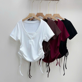 Áo Thun Bigsize Nữ Ôm Body Cổ V Tay Ngắn Có Dây Rút Hai Bên Eo Tôn Dáng Trẻ Trung A309