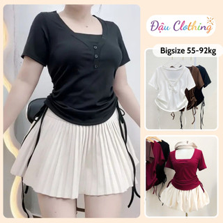 Áo Kiểu Bigsize Nữ Ôm Body Cổ Tim Tay Ngắn Phối Dây Rút Hai Bên Che Bụng Tôn Dáng A309