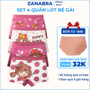 Set 4 Quần Lót Bé Gái Dáng Boxer - Quần Chip Đùi Bé Gái Cotton Mềm Co Giãn Thoáng Mát ZANABRA L8009