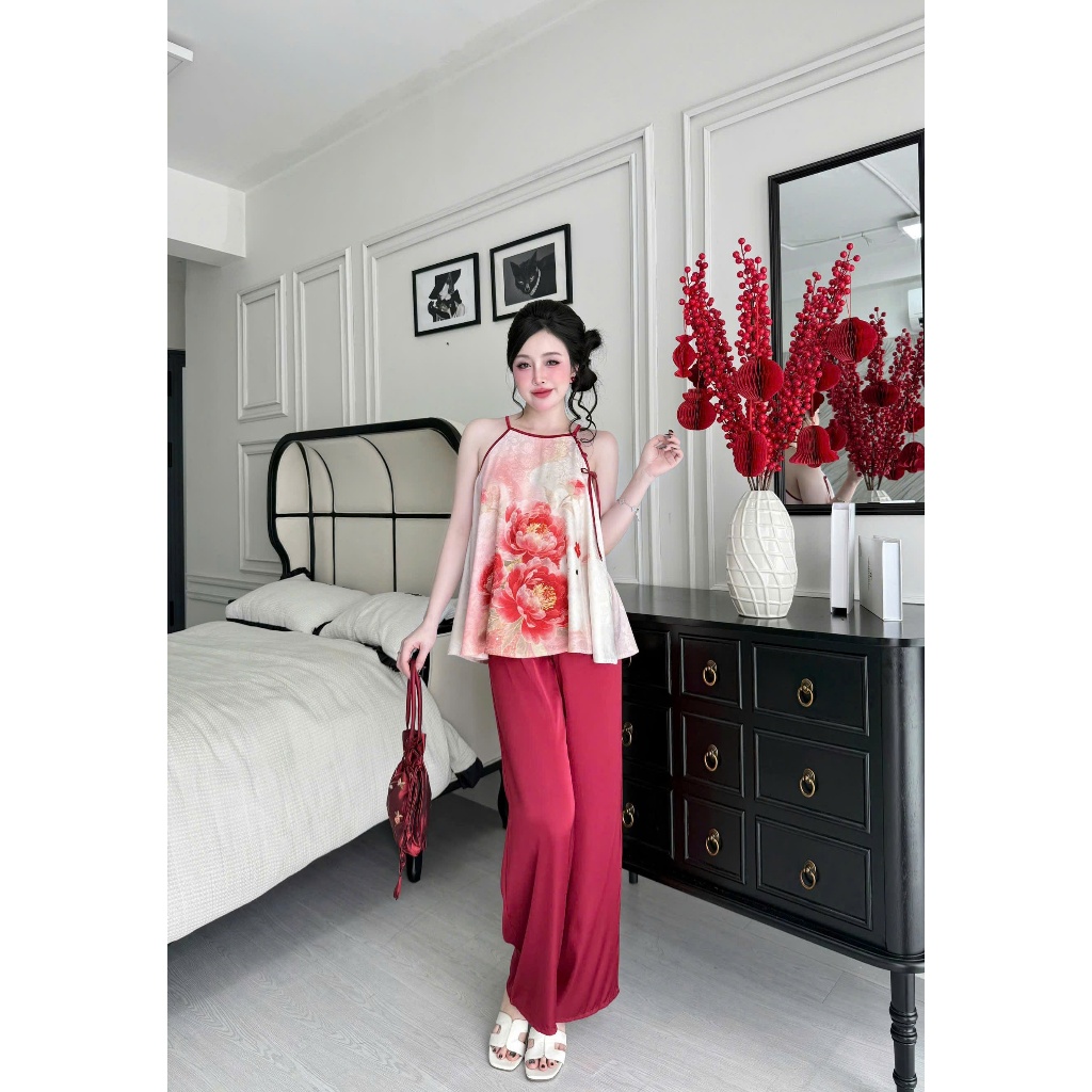 Bộ yếm nữ Tết đính ngọc Vy Linh quần dài chất liệu gấm phối quần latin mềm mại, thoáng mát, thấm hút mồ hôi tốt s1256 3D