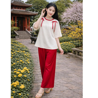 Bộ bà ba nữ chất gấm lụa mềm mại đi chơi Tết, lễ hội, Set đồ lam đi chùa cách tân phối nơ, pháp phục nữ lụa BB03- BIATON