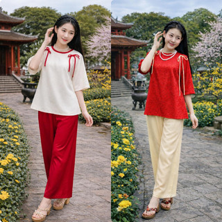 Bộ bà ba nữ chất gấm lụa mềm mại đi chơi Tết, lễ hội, Set đồ lam đi chùa cách tân phối nơ, pháp phục nữ lụa BB03- BIATON