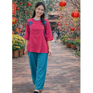 Bộ bà ba nữ chất gấm lụa mềm mại đi chơi Tết, lễ hội, Set đồ lam đi chùa cách tân phối nơ, pháp phục nữ lụa BB03- BIATON