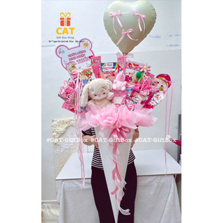 Ốc quế bánh kẹo mix cùng gấu bông, set quà tặng bạn gái, bé gái, quà sinh nhật dễ thương, lẵng bánh kẹo tone hồng