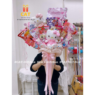 Ốc quế bánh kẹo mix cùng gấu bông, set quà tặng bạn gái, bé gái, quà sinh nhật dễ thương, lẵng bánh kẹo tone hồng