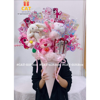 Ốc quế bánh kẹo mix cùng gấu bông, set quà tặng bạn gái, bé gái, quà sinh nhật dễ thương, lẵng bánh kẹo tone hồng